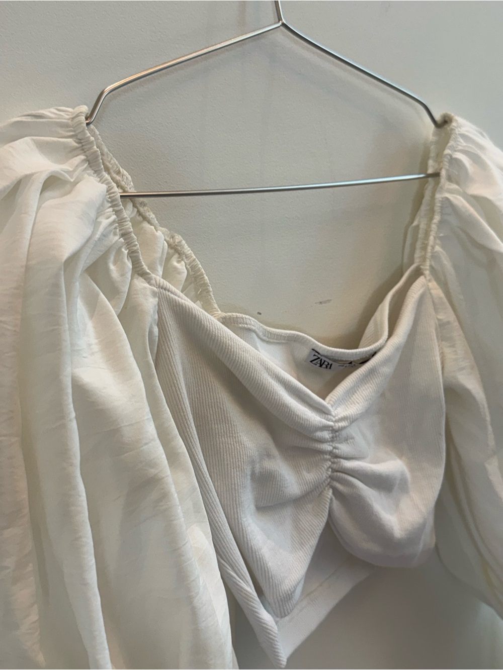 Zara White Ruched Puff-Sleeve Crop Top